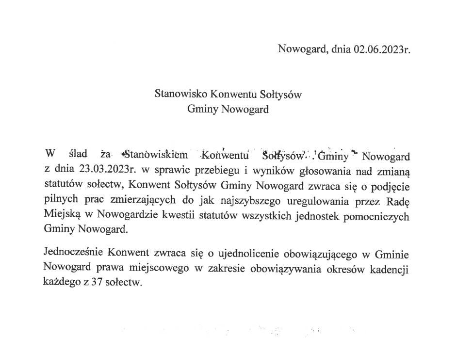 Stanowisko Konwentu Sołtysów Gminy Nowogard